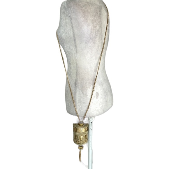 Vintage Handmade Ivory Metallic Gold Wood Curved Box Chain Tassel Crossbody - Picture 11 of 11